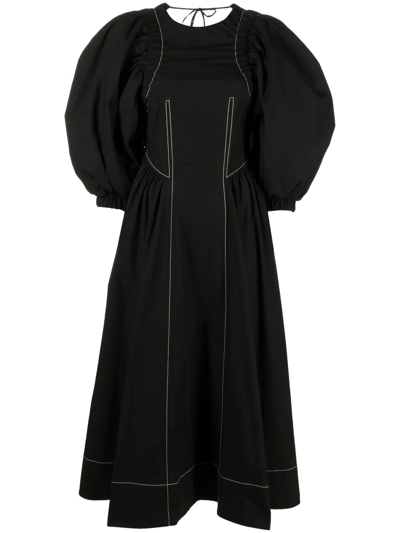 Shop Rejina Pyo Puff-sleeve Midi Dress In Schwarz