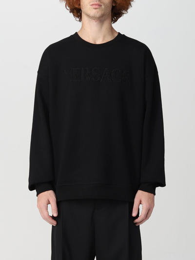 Shop Versace Viscose And Wool Sweatshirt With Shearling Logo In Black