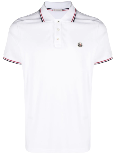 Moncler Classic White Cotton Polo With Signature Tri-color Trim In Weiss