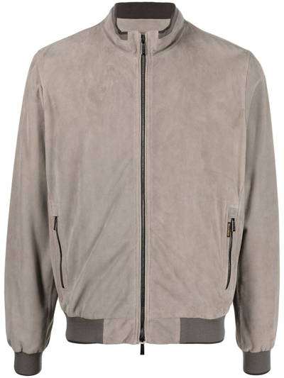 Shop Moorer Zip-up Leather Bomber Jacket In Grau