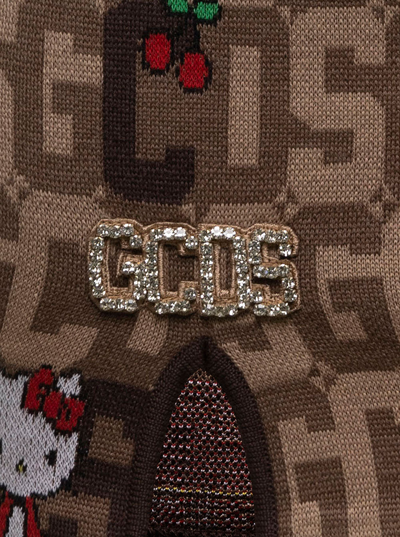 Gcds Brown And Beige Mini Skirt  In Wool Blend Knit With Logo Plate, Hello Kitty Motif And Contrast Jacqu In Brown