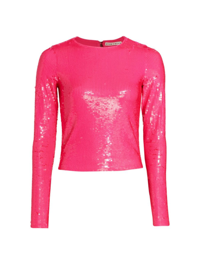 Shop Alice And Olivia Women's Delaina Sequined Crewneck Top In Wild Pink
