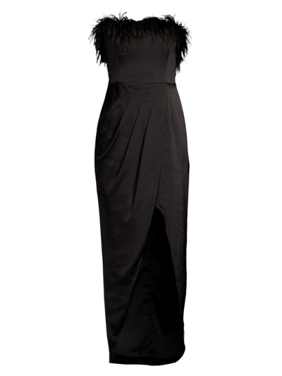 Shop Aidan Mattox Women's Feather Trim Strapless High-low Gown In Black