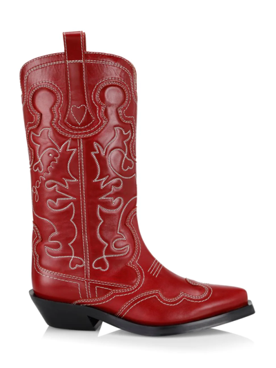 Shop Ganni Women's Embroidered Leather Western Boots In Barbados Cherry