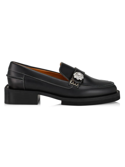 Shop Ganni Women's Leather Jewel Loafers In Black
