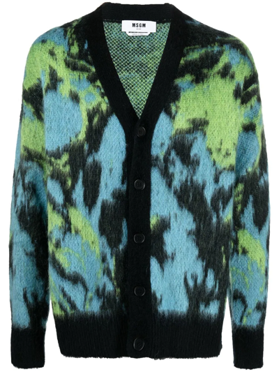 Shop Msgm Abstract Print V-neck Cardigan In Schwarz