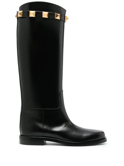 Shop Valentino 25mm Rockstud Embellished Knee-high Boots In Nero