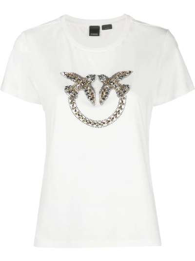 Shop Pinko Crystal-embellished Logo Cotton T-shirt In Weiss