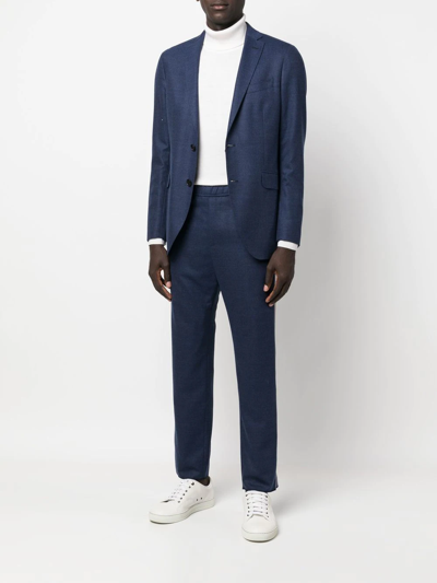 Shop Etro Logo-tape Virgin Wool Trousers In Blau