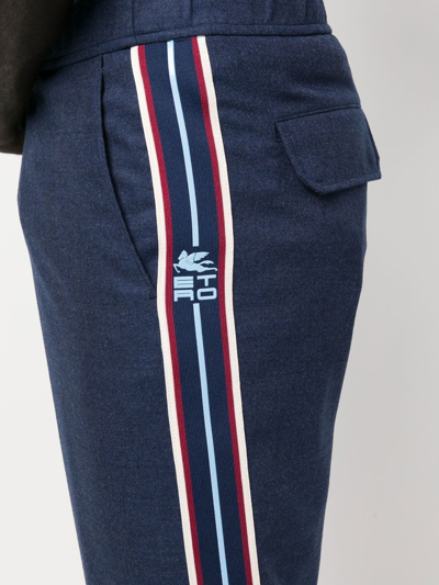 Shop Etro Logo-tape Virgin Wool Trousers In Blau