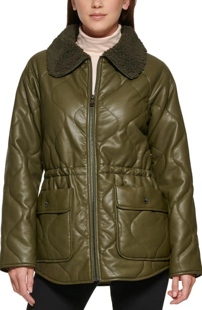 Kenneth Cole New York Faux Fur Trimmed Quilted Faux Leather Anorak Jacket In Olive