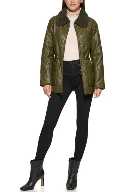 Kenneth Cole New York Faux Fur Trimmed Quilted Faux Leather Anorak Jacket In Olive