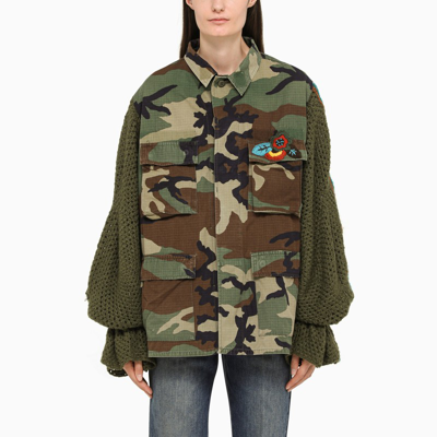 Shop Tu Lizé Multi-pocket Camouflage Jacket With Crochet Sleeves In Multicolor