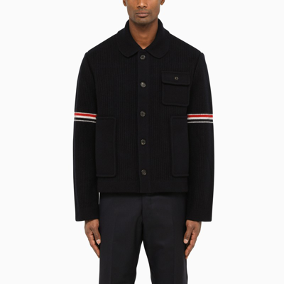 Shop Thom Browne Blue Wool Cardigan