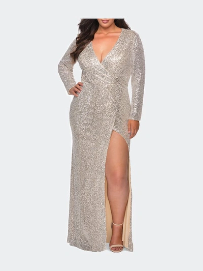 Shop La Femme Long Sleeve Sequin Plus Size Dress With Slit In Grey