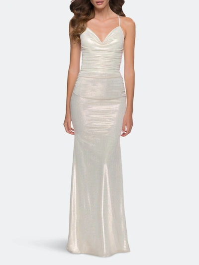 Shop La Femme Fitted Metallic Jersey Gown With Open Criss Cross Strappy Back In White