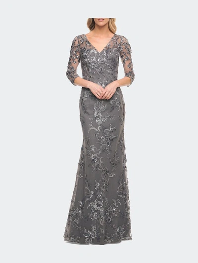Shop La Femme Exquisite Lace Beaded Long Gown With Sheer Sleeves In Grey
