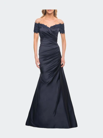 Shop La Femme Off The Shoulder Satin And Lace Mermaid Pleated Gown In Blue