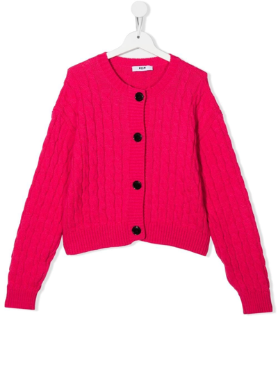 Msgm Kids' Logo-patch Cable Knit Cardigan In Pink | ModeSens
