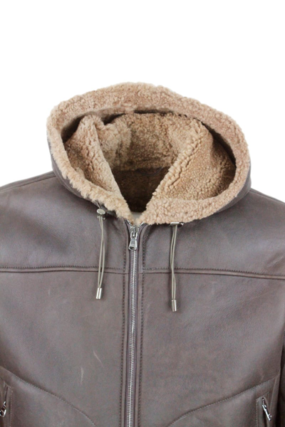 Shop Barba Napoli Shearling Bomber Jacket With Hood With Drawstring And Trims In Stretch Knit And Zip Closure In Brown