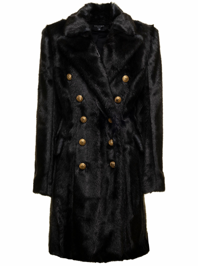 Shop Balmain Black Long Coat In Faux Fur With Double-buttoned Fastening  Woman In Grey