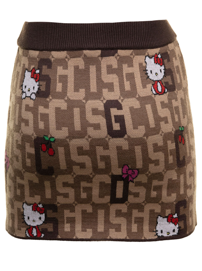 Gcds Brown And Beige Mini Skirt  In Wool Blend Knit With Logo Plate, Hello Kitty Motif And Contrast Jacqu In Brown