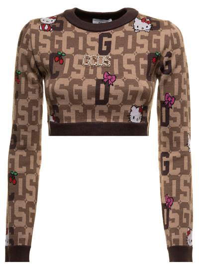 Shop Gcds Cropped Sweater In Mixed Wool Knit With Logo Plate, Hello Kitty And Logo In Contrastingh Jacquard Gc In Brown