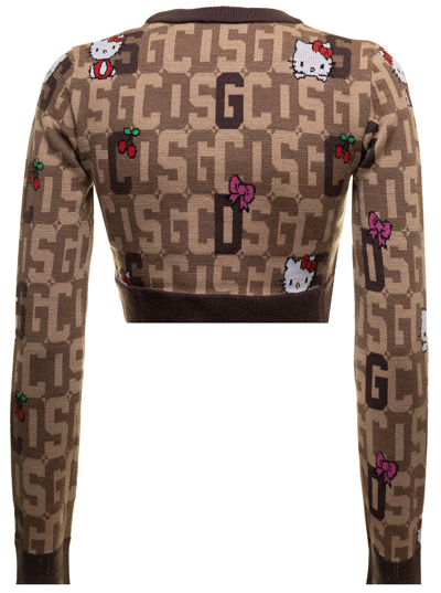 Shop Gcds Cropped Sweater In Mixed Wool Knit With Logo Plate, Hello Kitty And Logo In Contrastingh Jacquard Gc In Brown