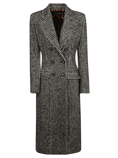 Shop Dolce & Gabbana Double-breasted Houndstooth Knit Coat In White/black