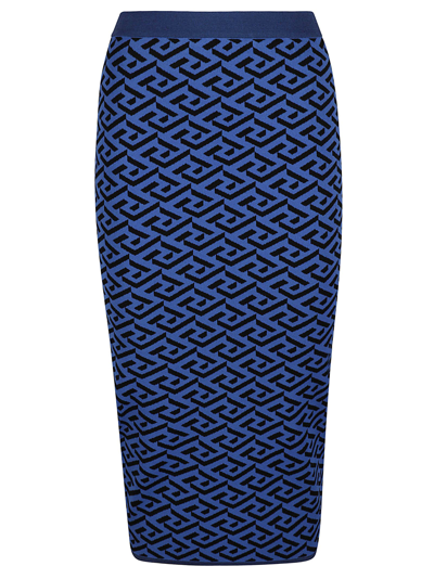 Shop Versace All-over Pattern Printed Skirt In Blue