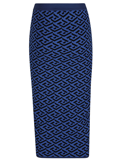 Shop Versace All-over Pattern Printed Skirt In Blue