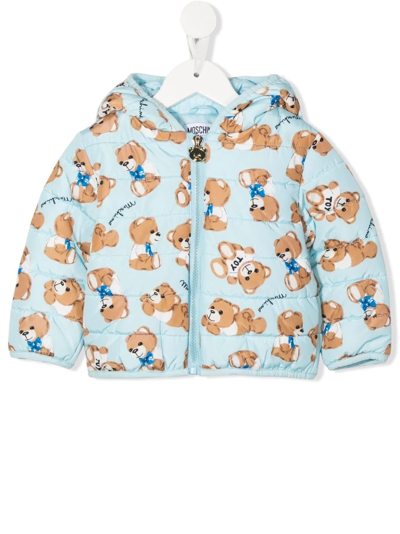 Shop Moschino Teddy-print Hooded Puffer Jacket In Blue
