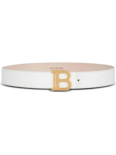 Shop Balmain B-belt Crocodile-embossed Leather Belt In White