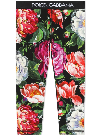 Dolce & Gabbana Girl's Pittorici Floral-print Leggings In Black