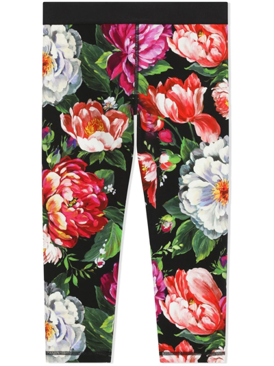 Dolce & Gabbana Girl's Pittorici Floral-print Leggings In Black