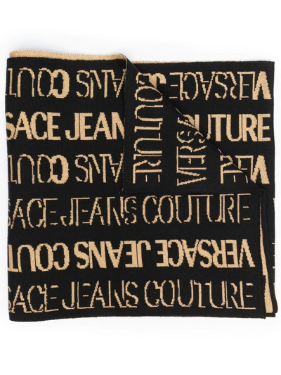 Shop Versace Jeans Couture All-over Logo-print Knit Scarf In Black