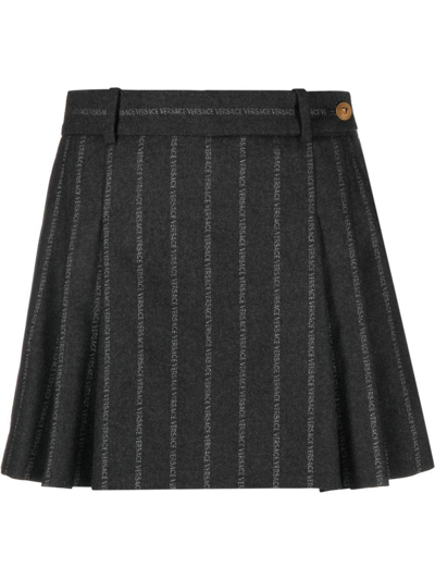 Shop Versace Logo-print Pleated Skirt In Grey