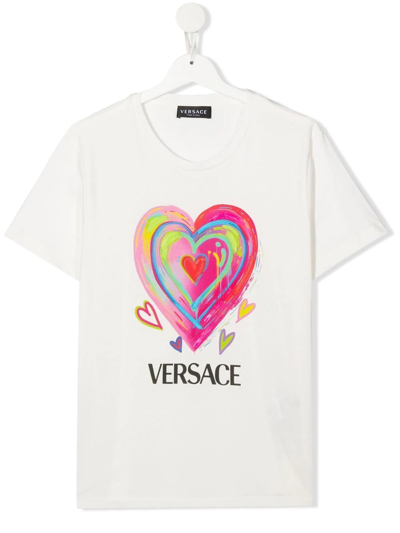 Shop Versace Heart-logo Print Cotton T-shirt In White