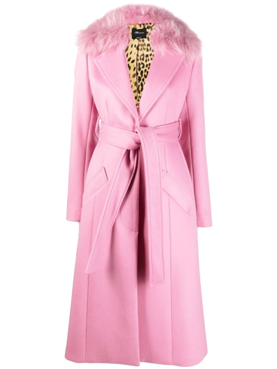 Shop Blumarine Trimmed-collar Belted Long Coat In Pink