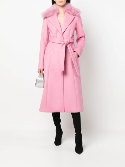 Shop Blumarine Trimmed-collar Belted Long Coat In Pink