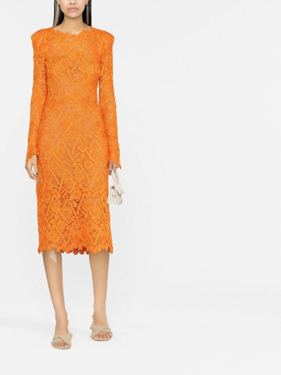 Ermanno Scervino Sheer Geometric Lace Dress With Long Sleeves In Orange