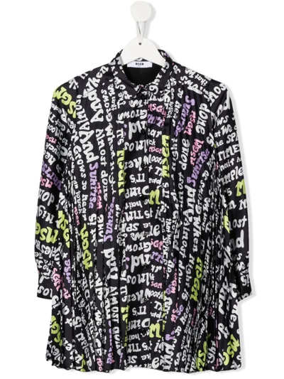 Shop Msgm Graphic-print Button-up Dress In Black