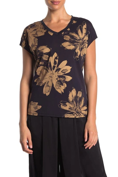 Shop Donna Karan Woman Floral Print V-neck Top In Navy