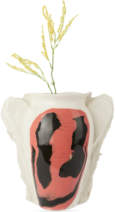 Shop Dum Keramik Off-white & Red Large Smiley Face Vase In Black And Red