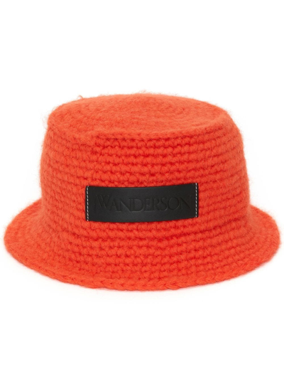 Shop Jw Anderson Logo-patch Knitted Bucket Hat In Orange