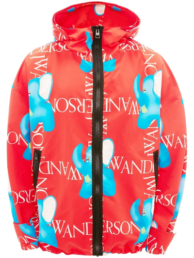 Jw Anderson Elephant Print Shell Hooded Jacket In Red