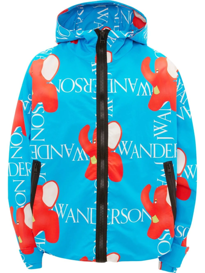 Jw Anderson All Over Logo Print Nylon Zip Jacket In Blue