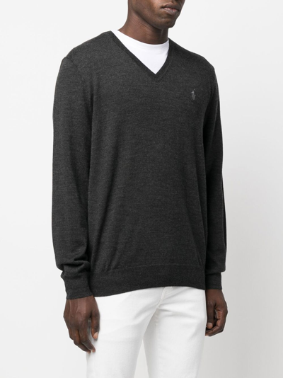 Shop Polo Ralph Lauren Embroidered-logo V-neck Sweater In Grey