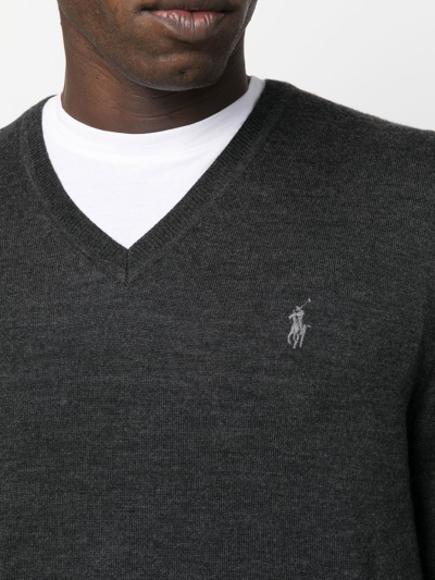 Shop Polo Ralph Lauren Embroidered-logo V-neck Sweater In Grey