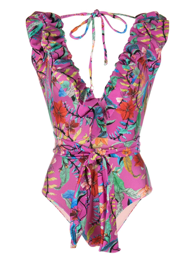 Shop Patbo Zamia Ruffle-detail Plunge-v-neck Swimsuit In Purple